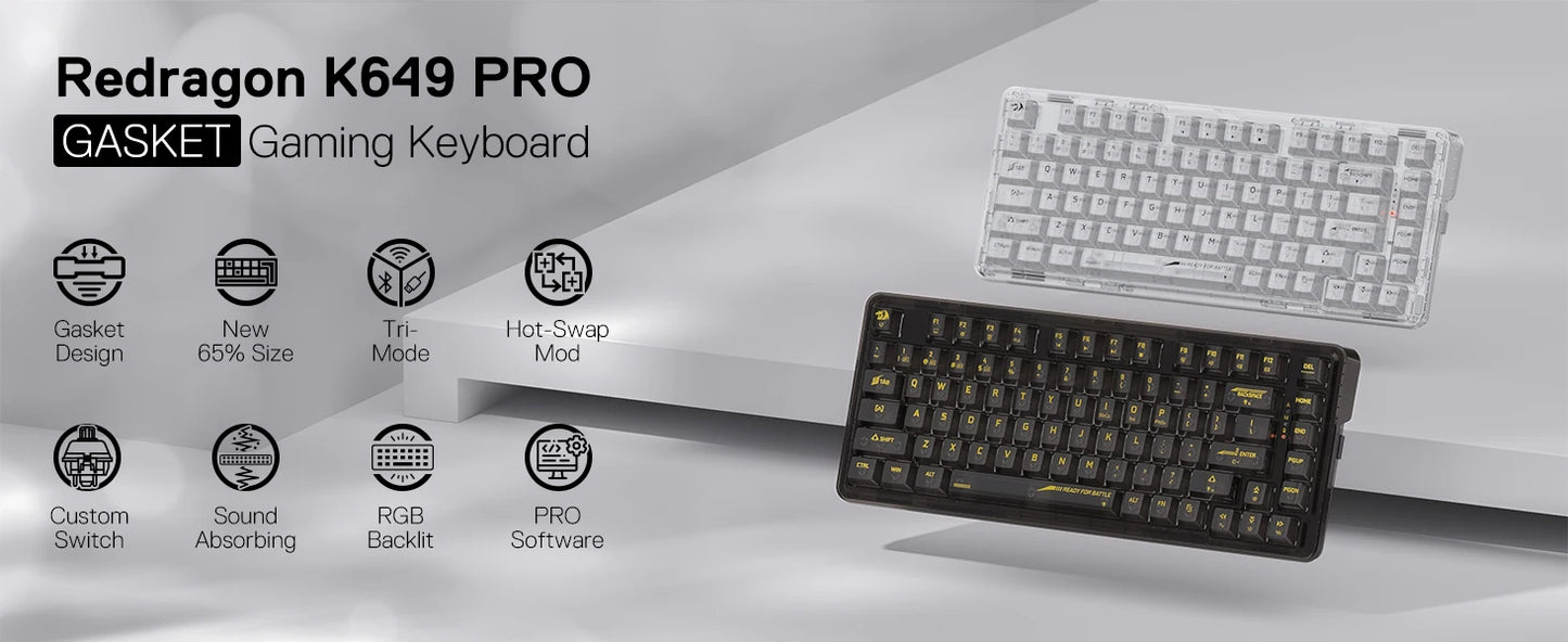 Teclado Gamer RGB sem fio Redragon K649 PRO com gaxeta 78%, 3 modos, 82 teclas, totalmente transparente, hot-swap, teclado mecânico compacto