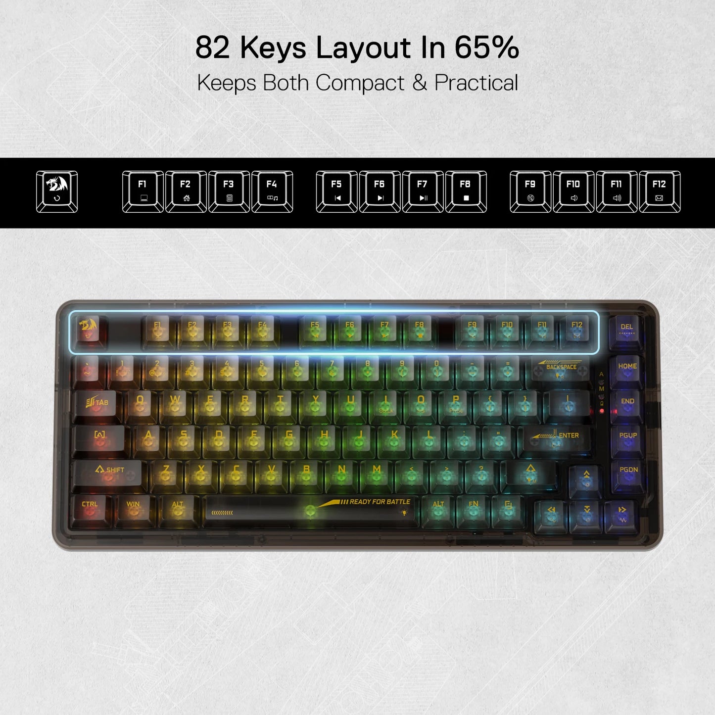 Teclado Gamer RGB sem fio Redragon K649 PRO com gaxeta 78%, 3 modos, 82 teclas, totalmente transparente, hot-swap, teclado mecânico compacto