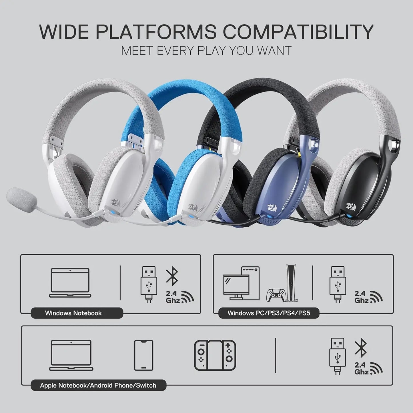 Headset Gamer Redragon H878, 2,4 GHz sem fio, Azul