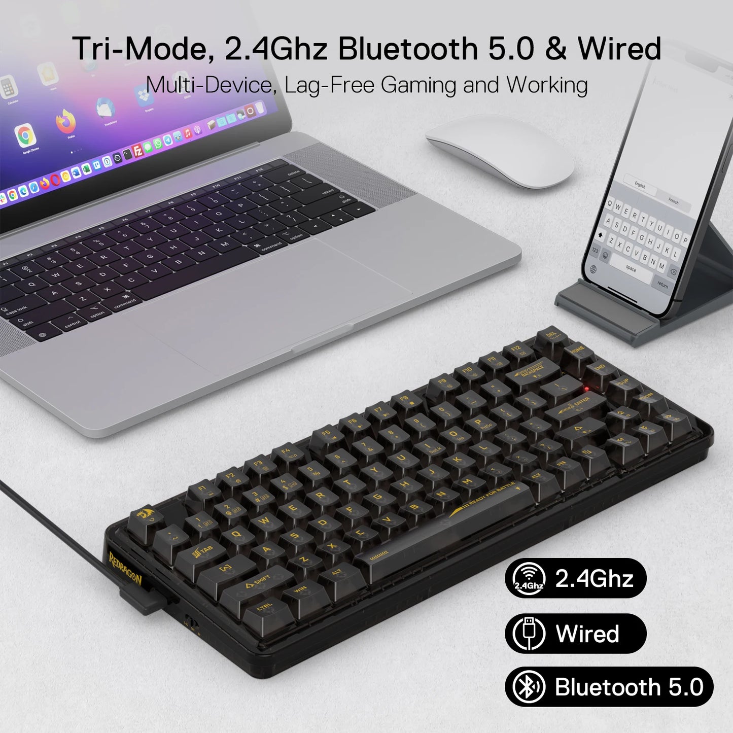 Teclado Gamer RGB sem fio Redragon K649 PRO com gaxeta 78%, 3 modos, 82 teclas, totalmente transparente, hot-swap, teclado mecânico compacto
