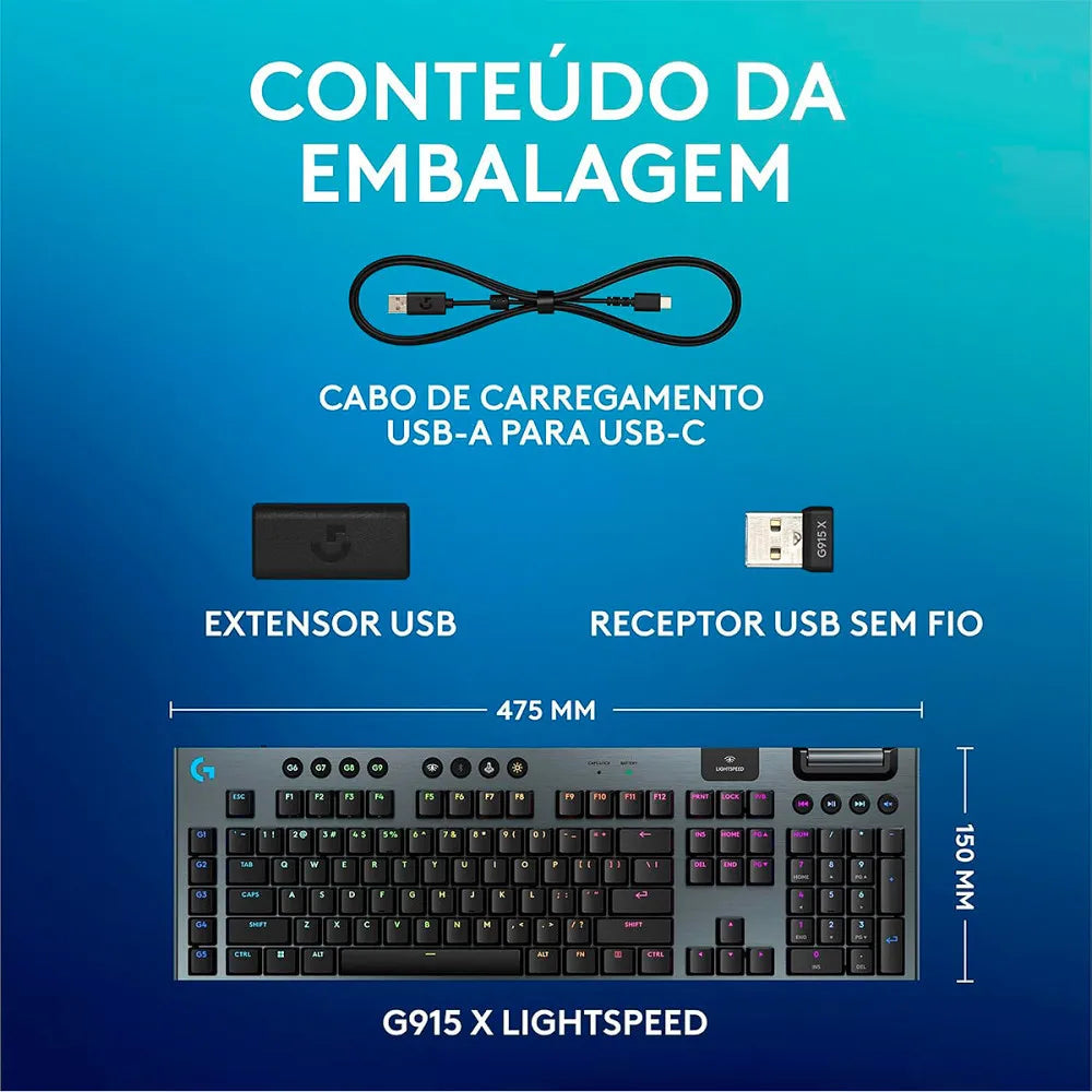 Teclado Mecânico Gamer Logitech G915 X LightSpeed Preto sem fio