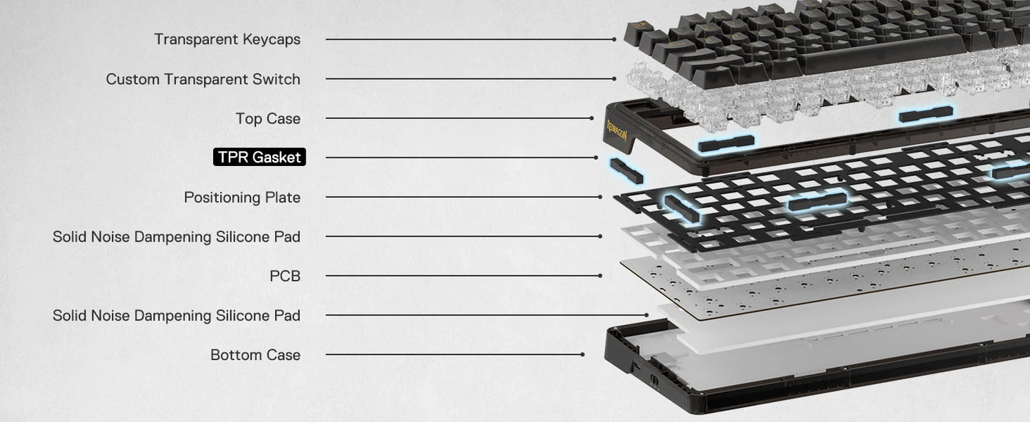 Teclado Gamer RGB sem fio Redragon K649 PRO com gaxeta 78%, 3 modos, 82 teclas, totalmente transparente, hot-swap, teclado mecânico compacto