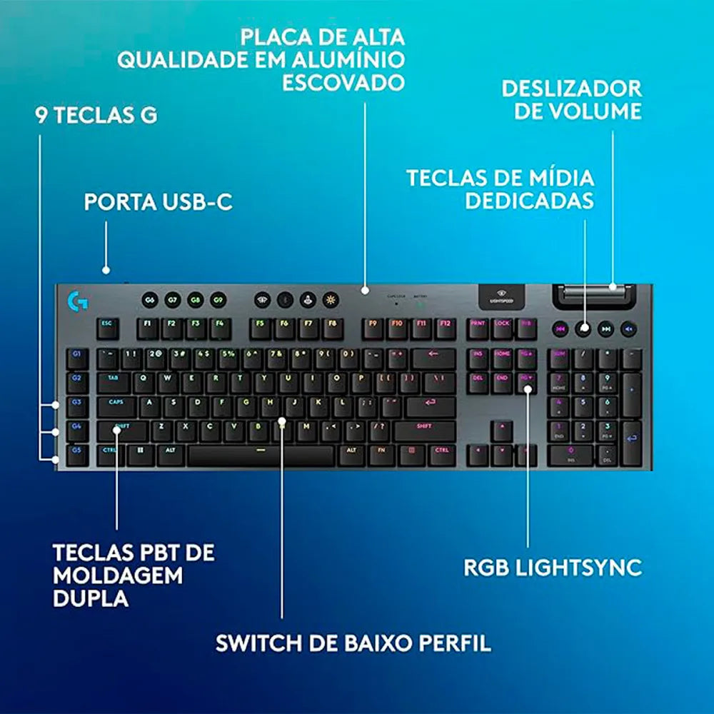 Teclado Mecânico Gamer Logitech G915 X LightSpeed Preto sem fio