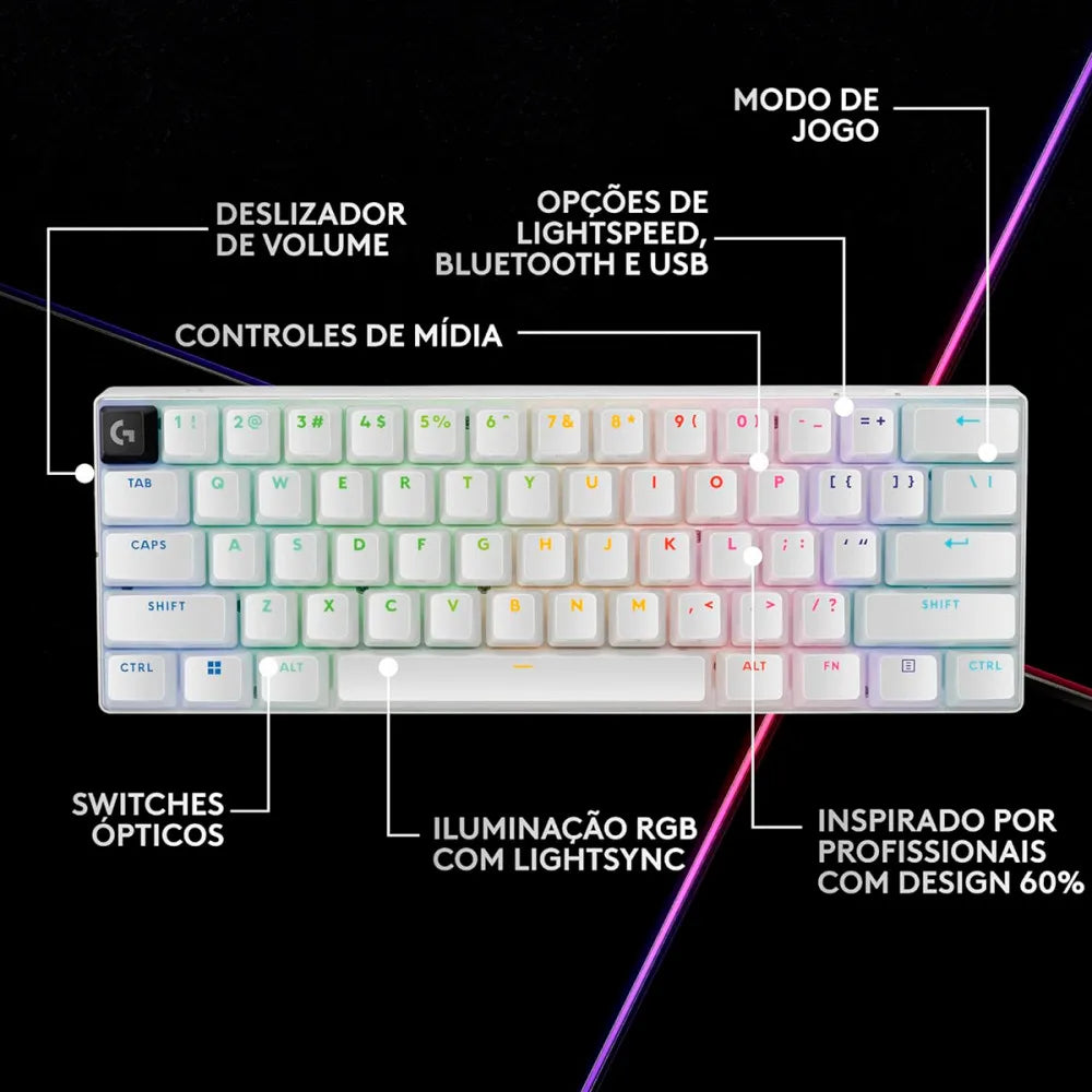 Teclado Gamer Óptico Logitech G PRO X 60 Lightspeed RGB Switch Tátil