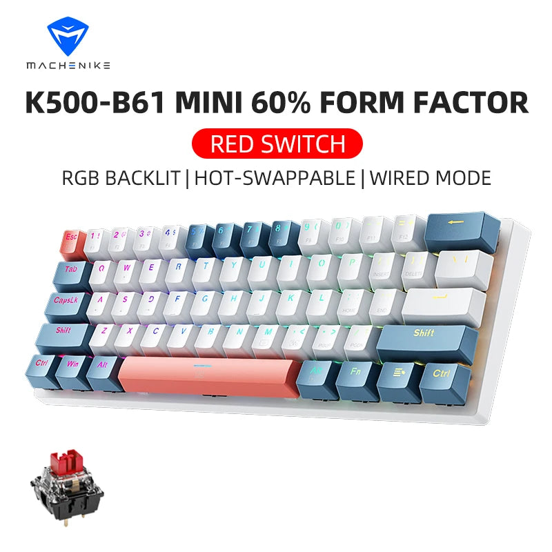 Teclado mecânico Machenike K500-B61 Mini, fator de forma de 60%, 61 teclas, teclado para jogos com fio, teclas completas, hot-swappable, retroiluminação RGB, Switch Red